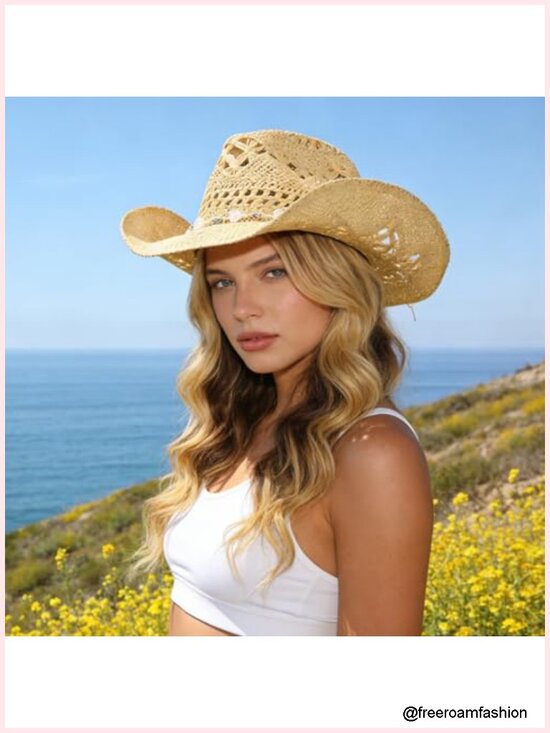 Straw Cowboy Hat with Wide Shapeable Brim & Chin Strap for Rodeo main image 5